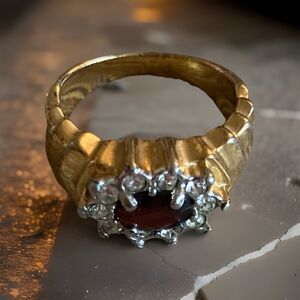 Gold Tone Cluster Ring Oval Red Center Stone Clear Surrounding Stones Size 7.5